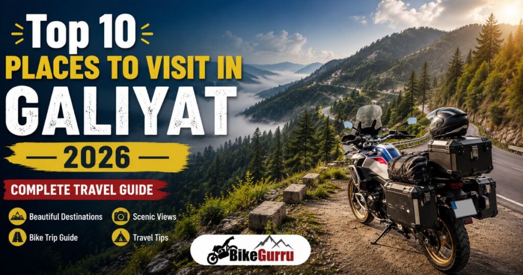 Top 10 Places to Visit in Galiyat 2026 with touring motorcycle on a scenic mountain road near Nathia Gali